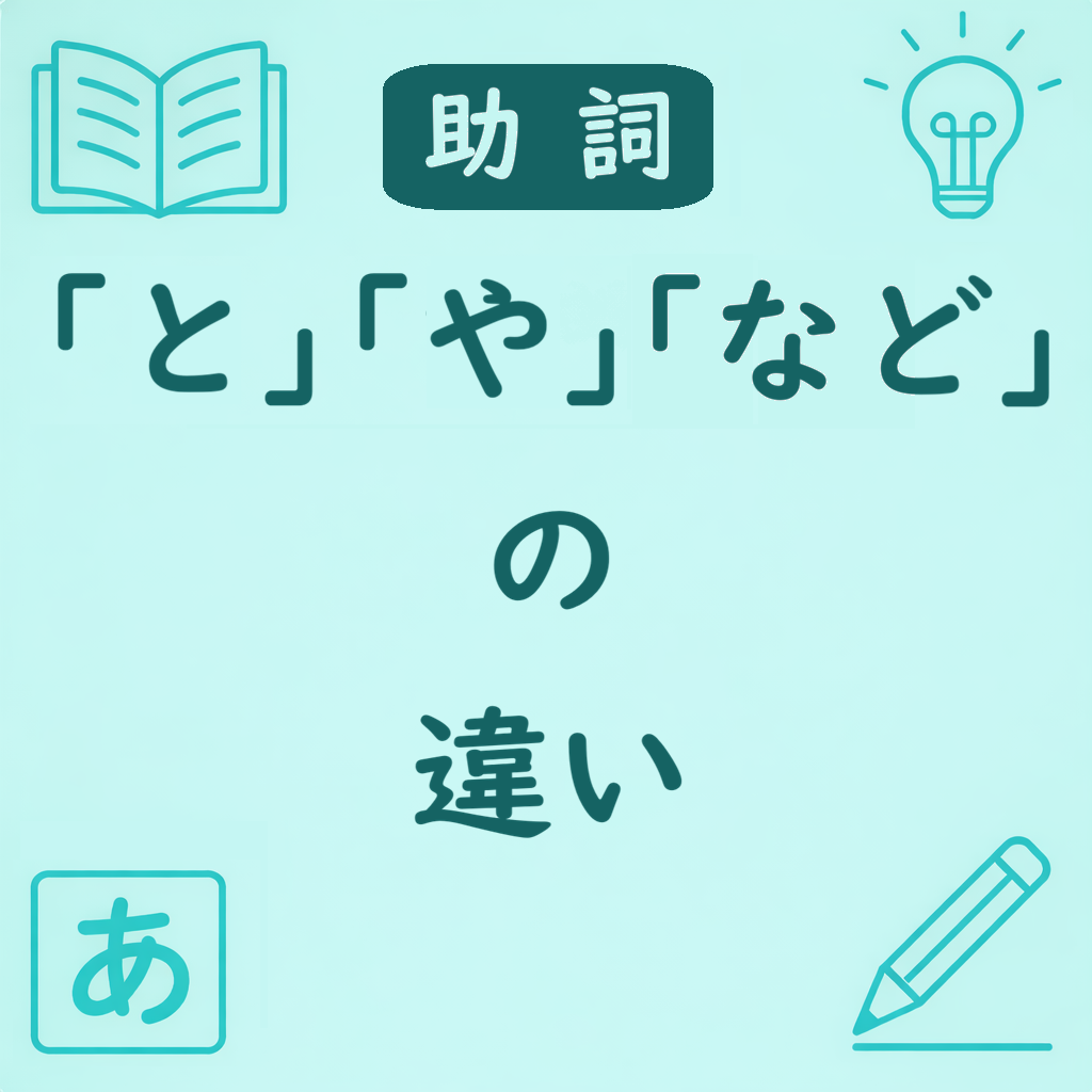 日本語の助詞「と」「や」「など」の違いを示すアイキャッチ画像。完全列挙と不完全列挙を表すデザイン。