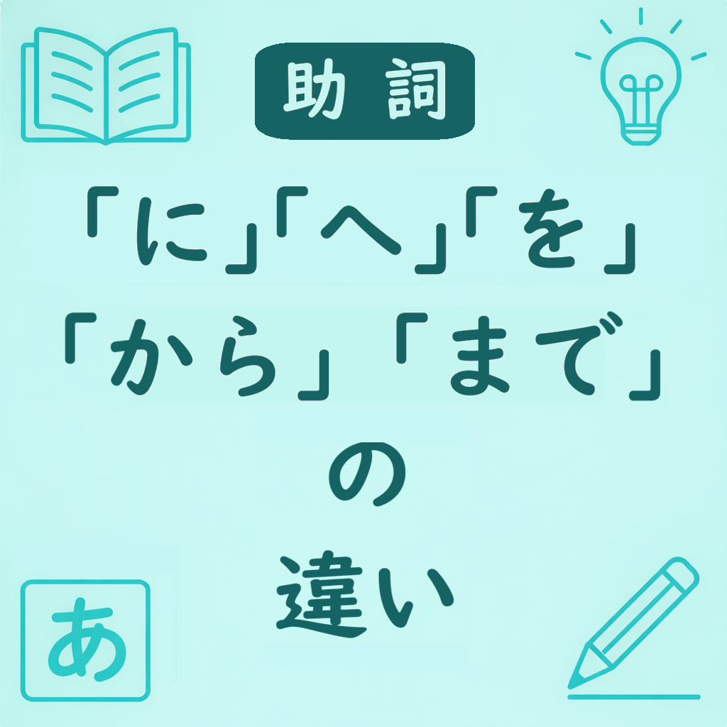 方向の助詞「に・へ・を・から・まで」の違いをまとめた図解イメージ（方向・到着・経路・範囲の使い分け）