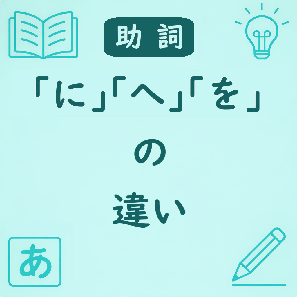 日本語の助詞「に」「へ」「を」の違いを説明するアイキャッチ画像。移動を表す助詞の使い分けを示すデザイン。