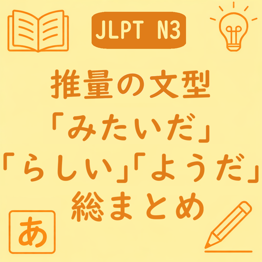 N3推量表現「そうだ・ようだ・らしい・みたい」意味と使い分けまとめ（黄色背景・日本語学習アイコン）